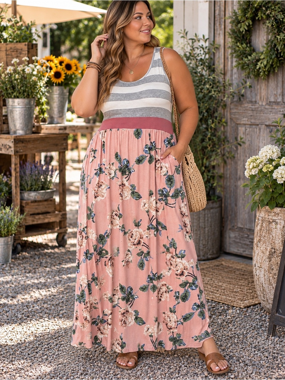 Egs Floral Color Block Maxi Dress | Size Large 10/12 Blush, Pink, Grey, Pockets